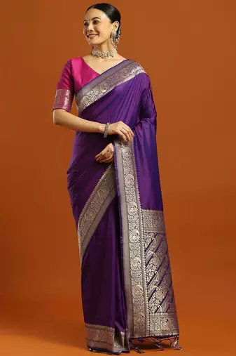 purple ethnic motifs woven design zari banarasi saree