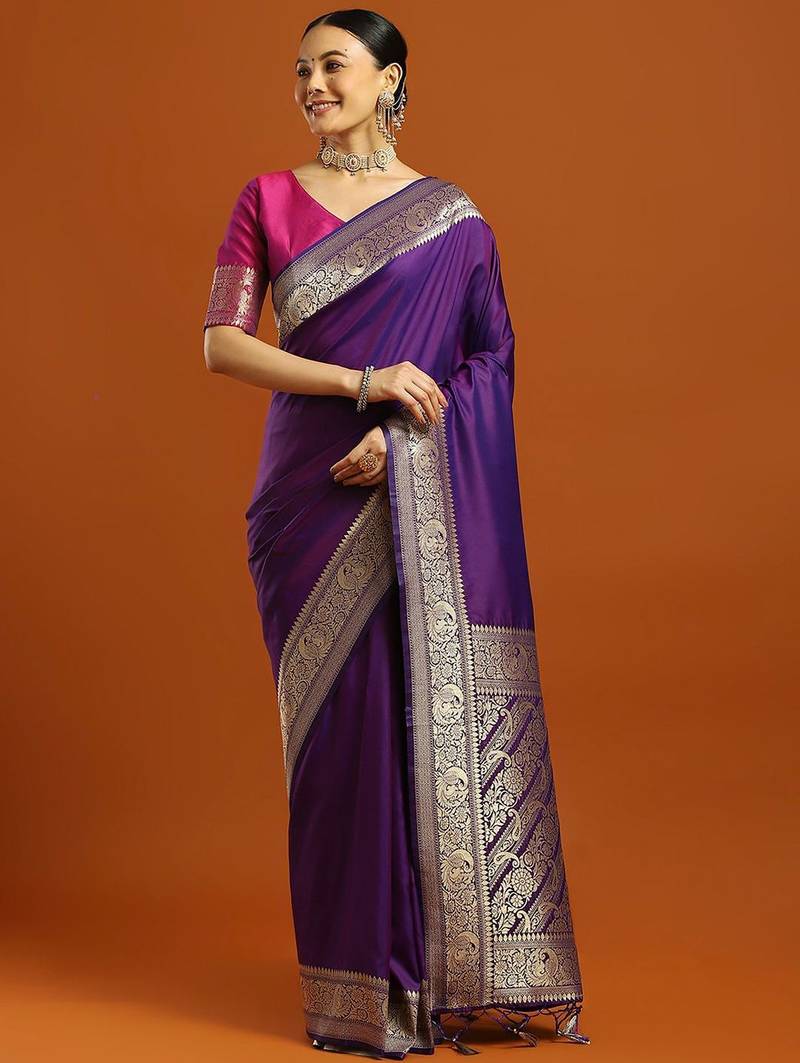 purple ethnic motifs woven design zari banarasi saree