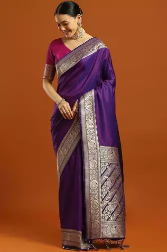 purple ethnic motifs woven design zari banarasi saree