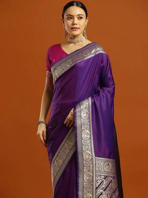 purple ethnic motifs woven design zari banarasi saree 4