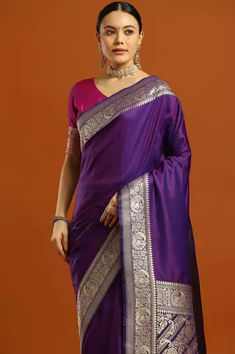purple ethnic motifs woven design zari banarasi saree