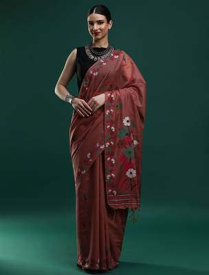 orange floral woven design zari muga saree 1