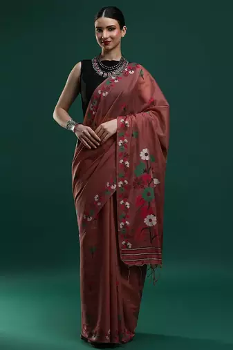 orange floral woven design zari muga saree