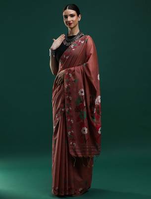 orange floral woven design zari muga saree 2
