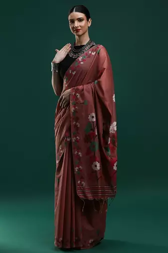 orange floral woven design zari muga saree