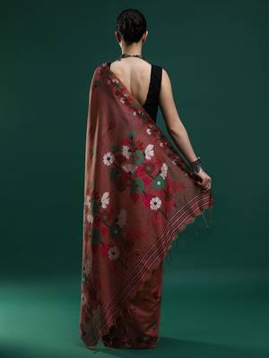 orange floral woven design zari muga saree 3