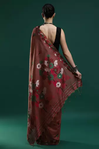 orange floral woven design zari muga saree