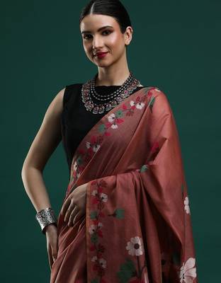 orange floral woven design zari muga saree 4
