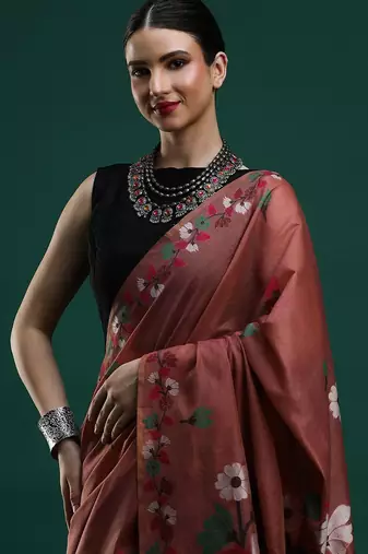 orange floral woven design zari muga saree