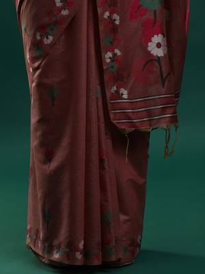 orange floral woven design zari muga saree 5