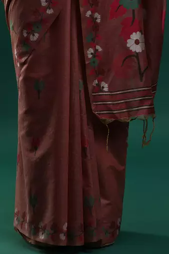 orange floral woven design zari muga saree