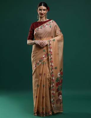 beige woven design zari muga saree 1