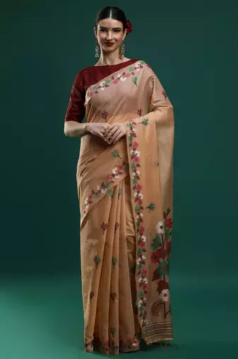 beige woven design zari muga saree