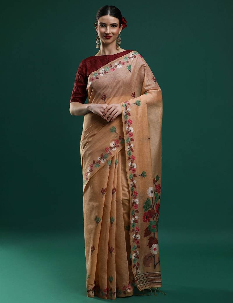 beige woven design zari muga saree