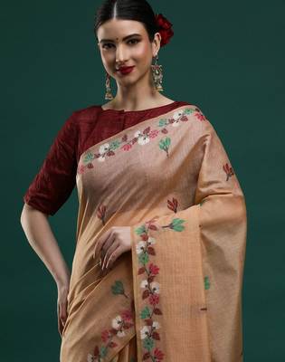 beige woven design zari muga saree 2