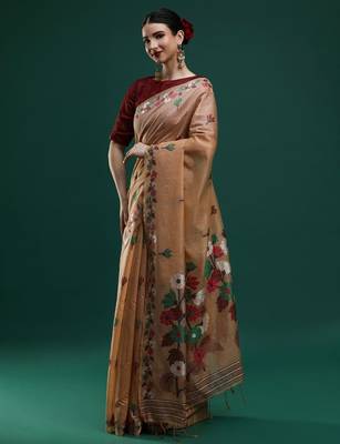 beige woven design zari muga saree 3