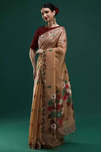 beige woven design zari muga saree