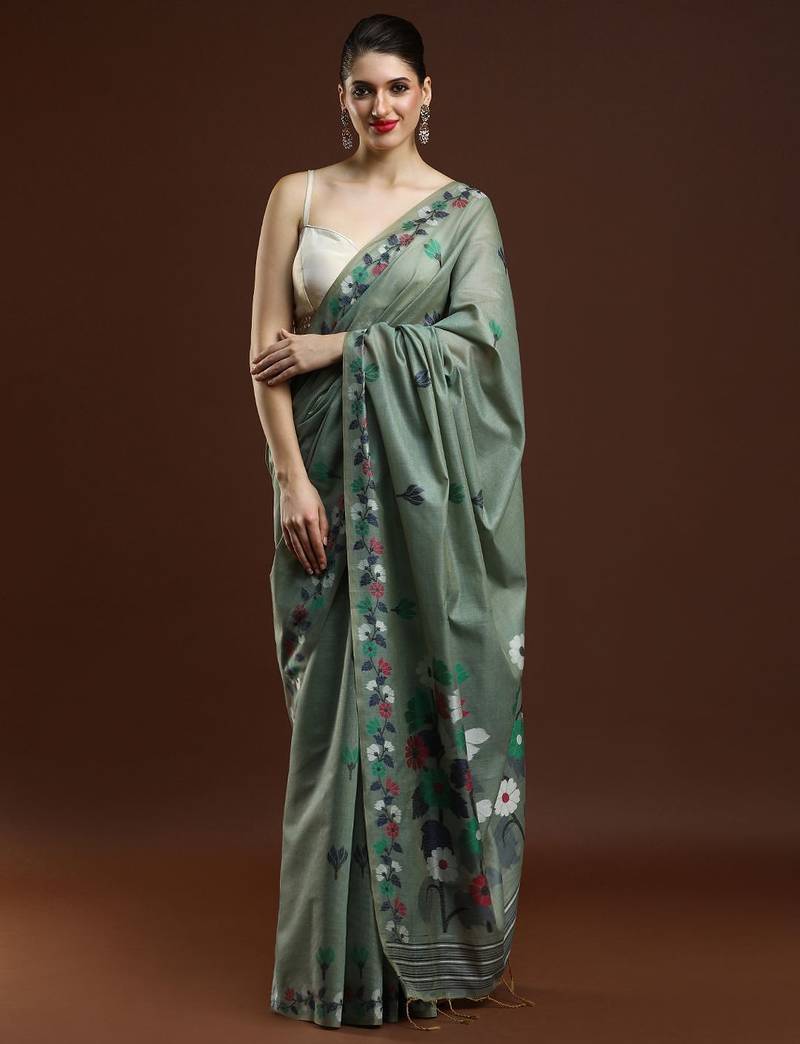 green floral woven design muga saree