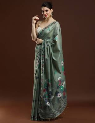 green floral woven design muga saree 2