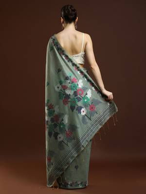 green floral woven design muga saree 3