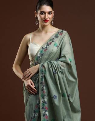 green floral woven design muga saree 4