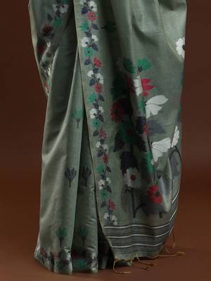 green floral woven design muga saree 5