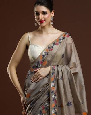grey woven design zari muga regular saree 4