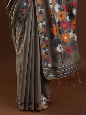 grey woven design zari muga regular saree 5