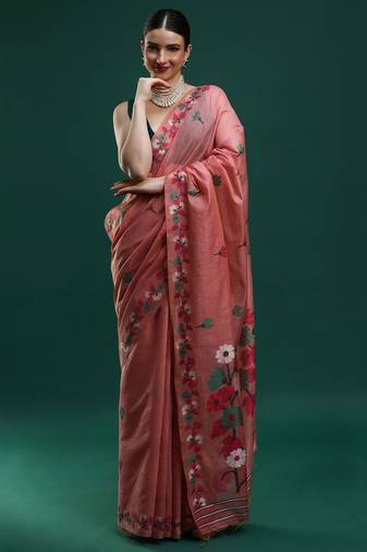 pink floral woven design zari muga saree