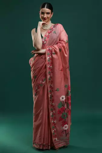 pink floral woven design zari muga saree