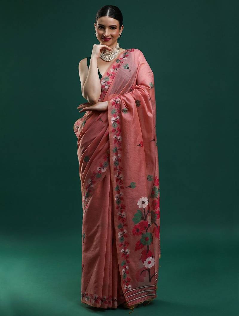 pink floral woven design zari muga saree