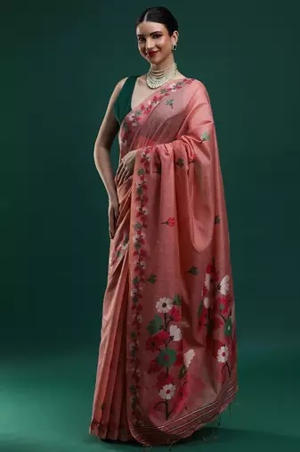 pink floral woven design zari muga saree