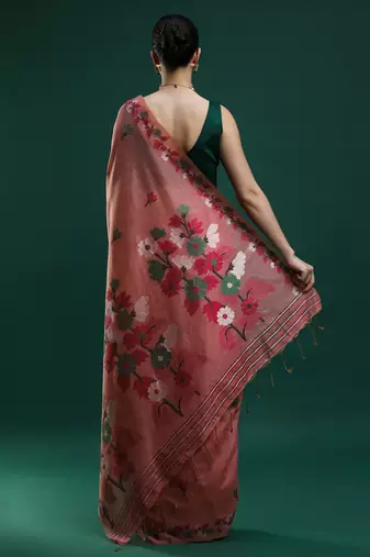 pink floral woven design zari muga saree