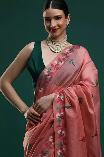 pink floral woven design zari muga saree