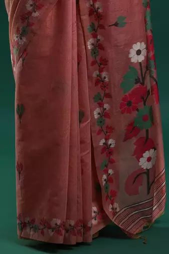pink floral woven design zari muga saree
