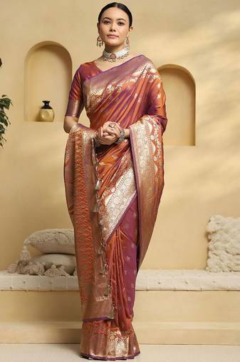 rust ethnic motifs  woven design zari banarasi saree with matching blouse