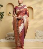 rust ethnic motifs  woven design zari banarasi saree with matching blouse