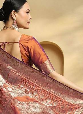 rust ethnic motifs  woven design zari banarasi saree with matching blouse 2