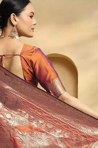 rust ethnic motifs  woven design zari banarasi saree with matching blouse