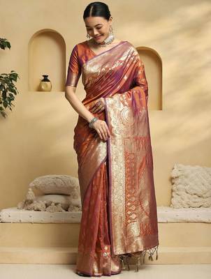 rust ethnic motifs  woven design zari banarasi saree with matching blouse 3