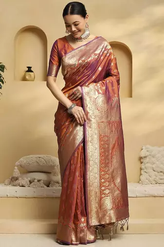 rust ethnic motifs  woven design zari banarasi saree with matching blouse