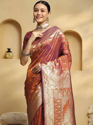 rust ethnic motifs  woven design zari banarasi saree with matching blouse 4