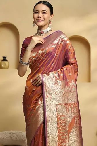 rust ethnic motifs  woven design zari banarasi saree with matching blouse