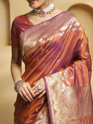 rust ethnic motifs  woven design zari banarasi saree with matching blouse 5