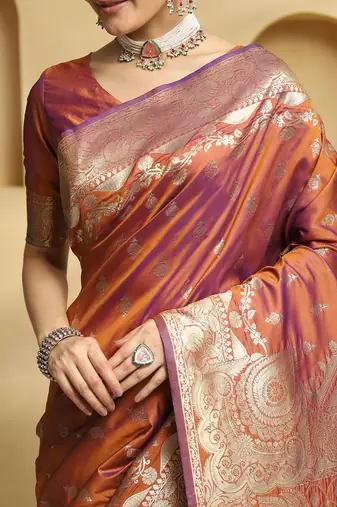 rust ethnic motifs  woven design zari banarasi saree with matching blouse