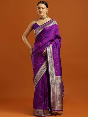 purple woven embellished pure silk kanjivaram saree with blouse 4