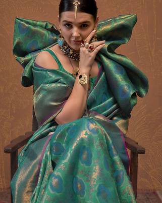 teal woven design zari silk blend kanjeevaram saree with matching blouse 2