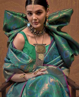 teal woven design zari silk blend kanjeevaram saree with matching blouse 3