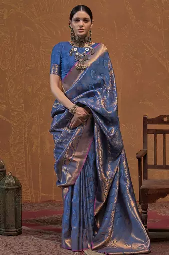 navy_blue woven design zari silk blend kanjeevaram saree with matching blouse
