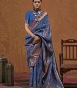 navy_blue woven design zari silk blend kanjeevaram saree with matching blouse